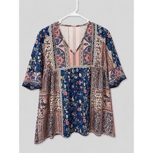 Boho Patchwork Floral Colorful Top Festival Cottagecore Babydoll Size XL